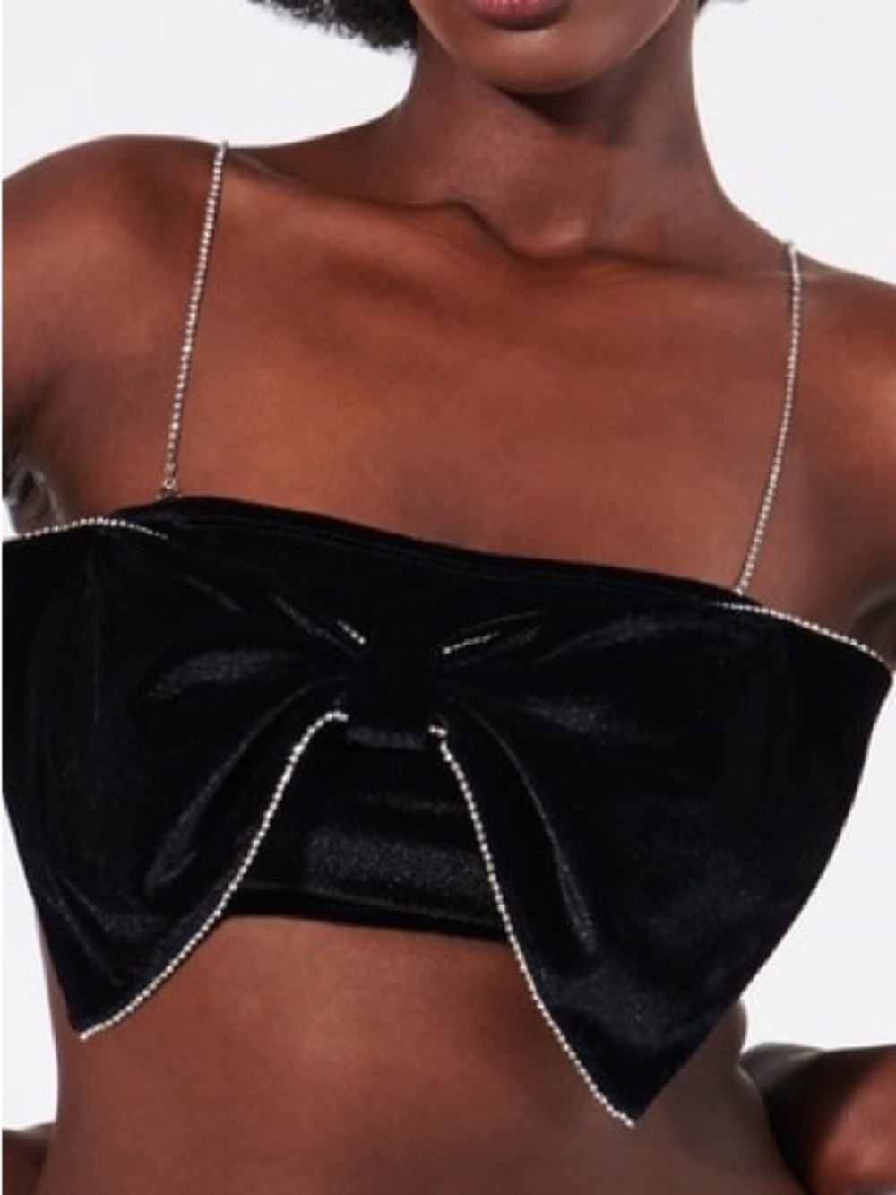 Black Bow-Front Velvet Crop Top with Rhinestone Straps
